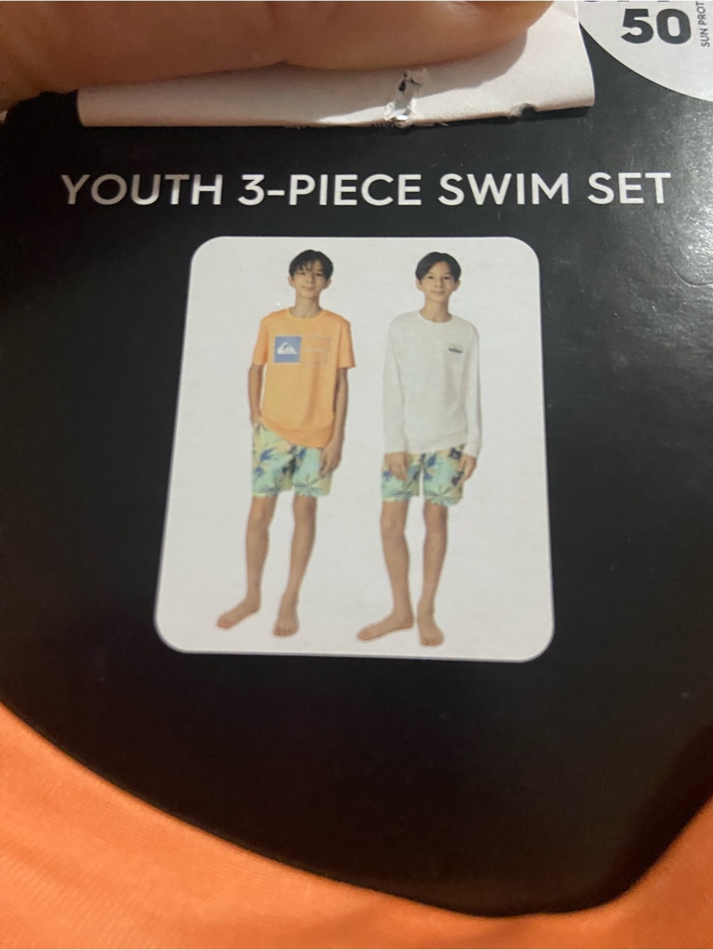 Quiksilver Boys Swim Set Orange Multicolor 3-Piece UPF 50 Size Large (14/16)